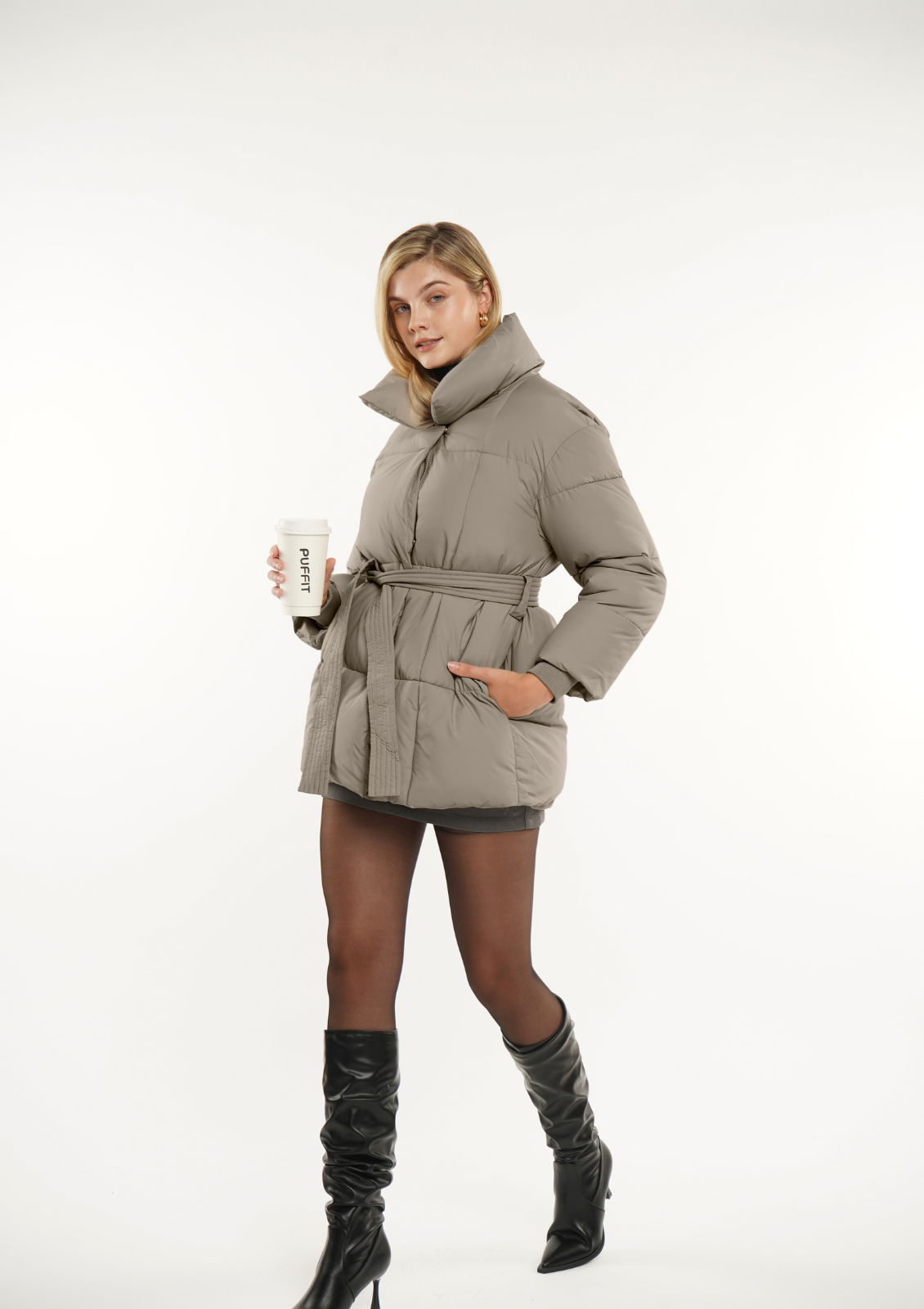 Mid Length Belted Puffer Jacket Classic Fit