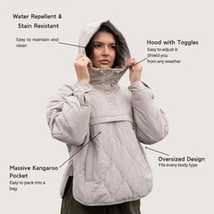 Packable Puffer Hoodie Spring Hooded Quilted Water Repellent and Stain-Resistant Womenswear Comfort Pullover Portable Storage Design,Lady Long Sleeve Large Pocket Elastic Drawstring Hooded