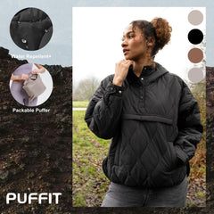 Packable Puffer Hoodie Spring Hooded Quilted Water Repellent and Stain-Resistant Womenswear Comfort Pullover Portable Storage Design,Lady Long Sleeve Large Pocket Elastic Drawstring Hooded