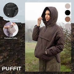 Packable Puffer Hoodie Spring Hooded Quilted Water Repellent and Stain-Resistant Womenswear Comfort Pullover Portable Storage Design,Lady Long Sleeve Large Pocket Elastic Drawstring Hooded