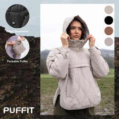 Packable Puffer Hoodie Spring Hooded Quilted Water Repellent and Stain-Resistant Womenswear Comfort Pullover Portable Storage Design,Lady Long Sleeve Large Pocket Elastic Drawstring Hooded