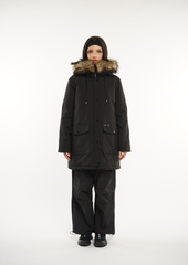 Faux Fur Mid-Length Hooded Parka With Large Pockets Splashproof