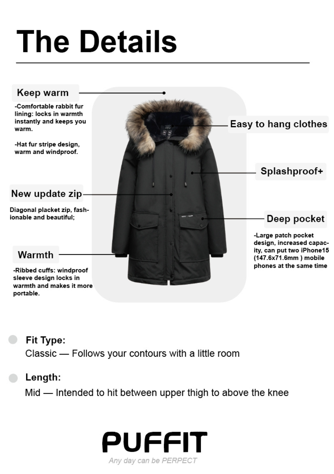 Faux Fur Mid Length Hooded Parka With Large Pockets Splashproof My Store