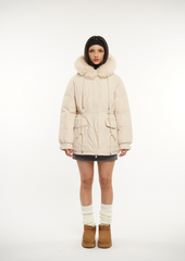 Faux Fur Mid-Length Hooded Drawstring Parka Splashproof