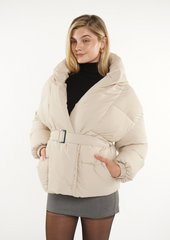 Mid Length Belted Magnet Button Puffer Jacket Splashproof